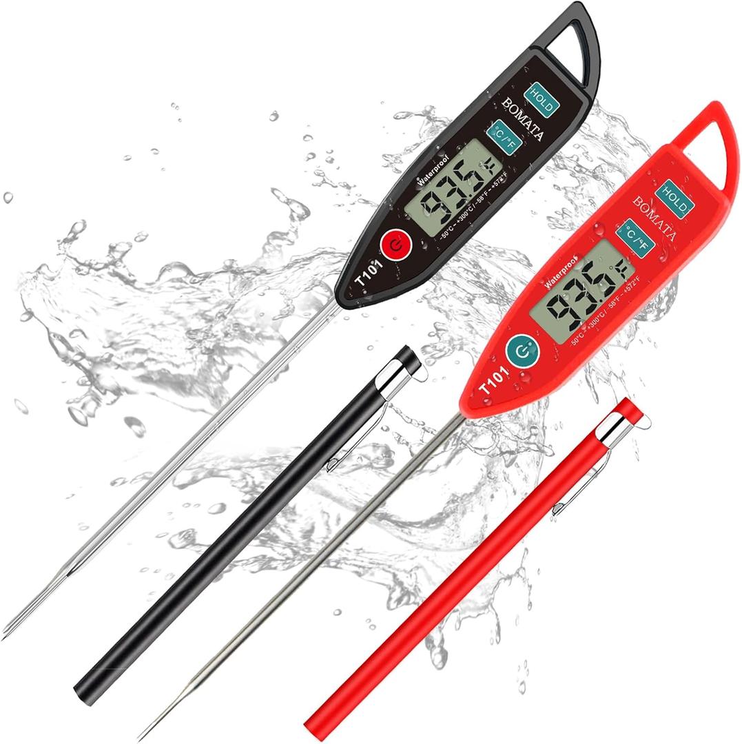 BOMATA 4 Pack Waterproof IPX7 Meat Thermometer Instant Read Food Thermometer with Long Probe for Water, Liquid, Kitchen Cooking, Grill,BBQ ! T101 X 4 Pcs (Black & Red ) 