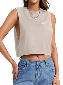 Remidoo Cropped Tank Tops for Women Open Side Workout Tops Sleeveless Shirt Crewneck Activewear Beige Small