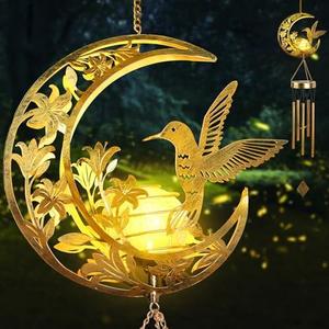 JOBOSI Moon Hummingbird Wind Chimes Decor Gifts, Solar Hummingbird Wind Chimes for Outside, Mother's Day Wind Chime Gift, Gifts for Mom, Women, Grandma, Outdoor Garden Lawn Yard Decor