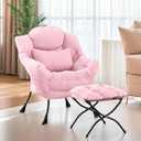 Furlide Lazy Chair with Ottoman, Modern Lounge Chair with Lumbar Pillow, Accent Cozy Reading Armchair and Folding Footstool for Bedroom, Dorm, Living Room, Pink