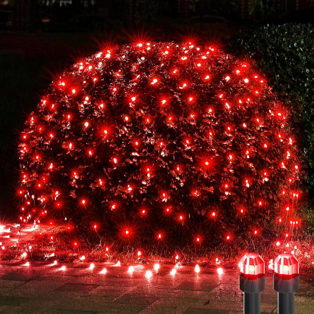WBao Christmas Net Lights 200LED F8 Big Bulbs, 8.4ft x 5.2ft Christmas Bushes Lights with 8 Modes, Timer, UL Certified, End to End Connectable, Waterproof for Lawn, Bushes Outdoor Xmas Decoration, Red (Plug in)
