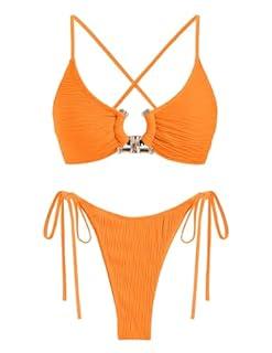 ZAFUL Womens Bikini Swimsuit Ribbed Cute Bikini Sets Criss Cross High Cut Side Tie Thong Two Piece Bathing Suit Orange, M