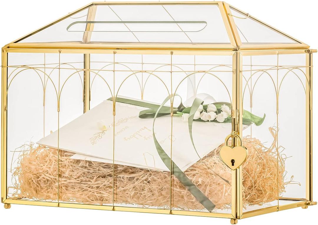 NCYP Glass Cards Box with Slot and Lock for Wedding - 12.6" x 5.9" x 9" Geometric Vintage Envelops Wishwell Card Holder - Tabletop Reception, Birthday Party Decor, Gold (Glass Box Only)