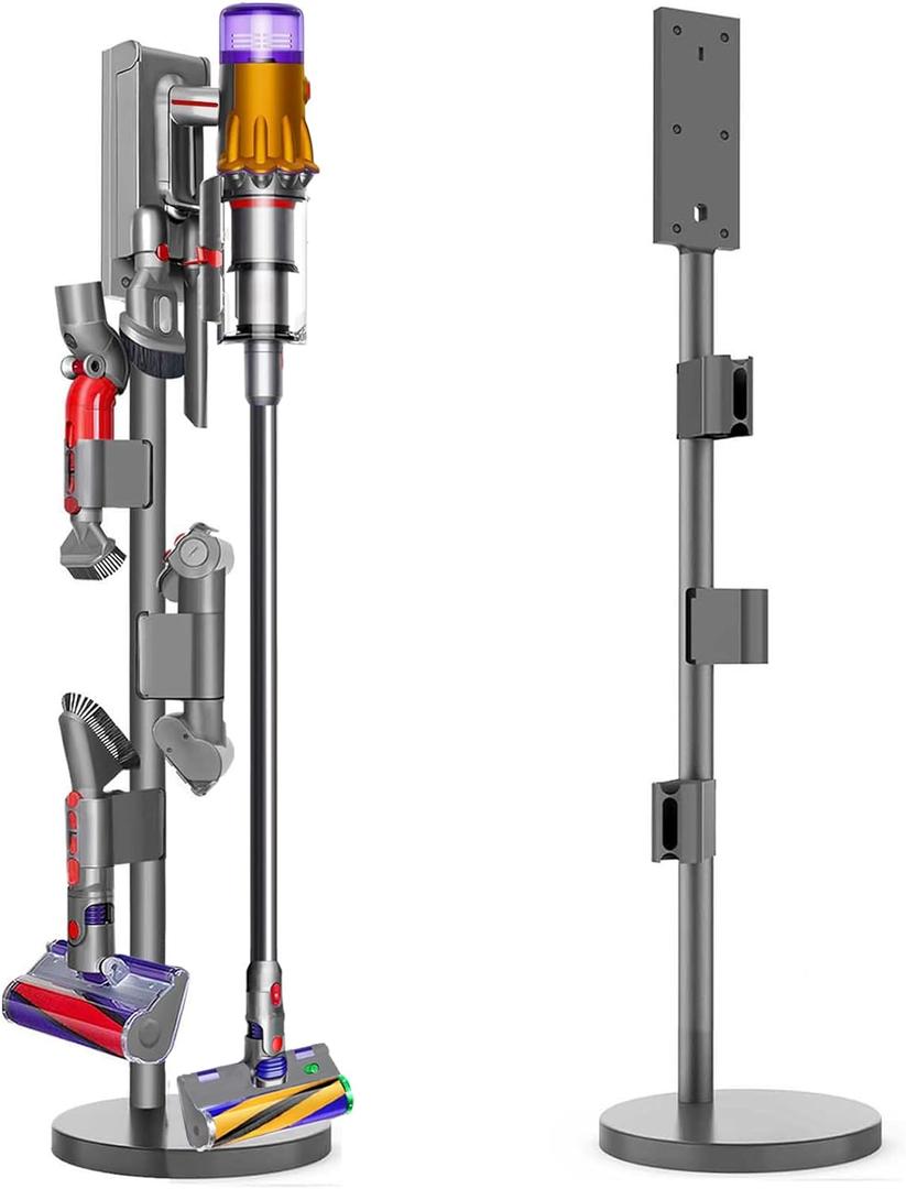 Vacuum Stand for Dyson V15 Detect, V12,V11,V10,V8, V7-Sturdy Aluminum Tube Storage Holder, 6.2 Lbs Steel Base,3 Accessory Clips for Up to 9 Attachments & Charger, with Trigger Lock.