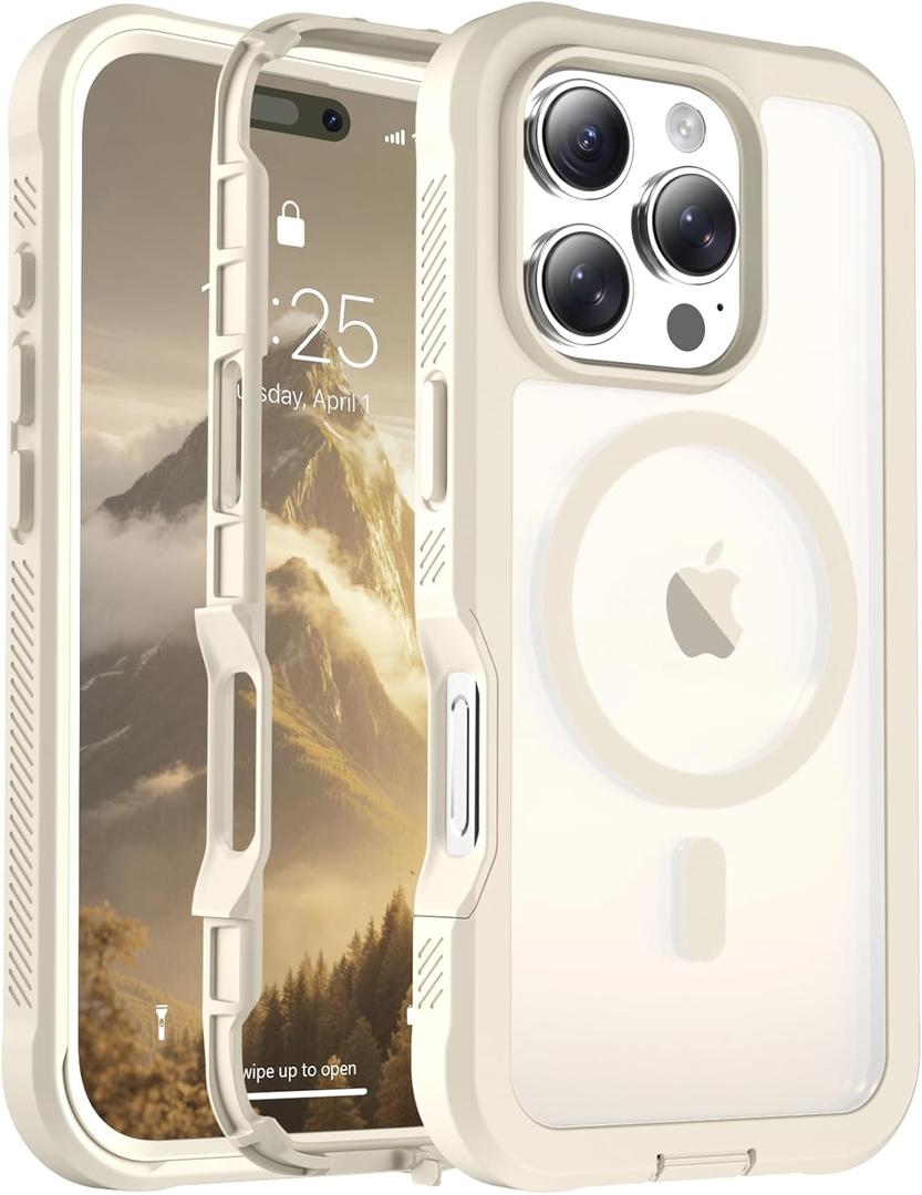 Magnetic for iPhone 16 Pro Case, [Compatible with MagSafe][Military Grade Drop Protection][Heavy Duty Protection][Non-Slip][Shockproof] 2-Layer Durable Bumper Phone Case 6.3''-Antique White