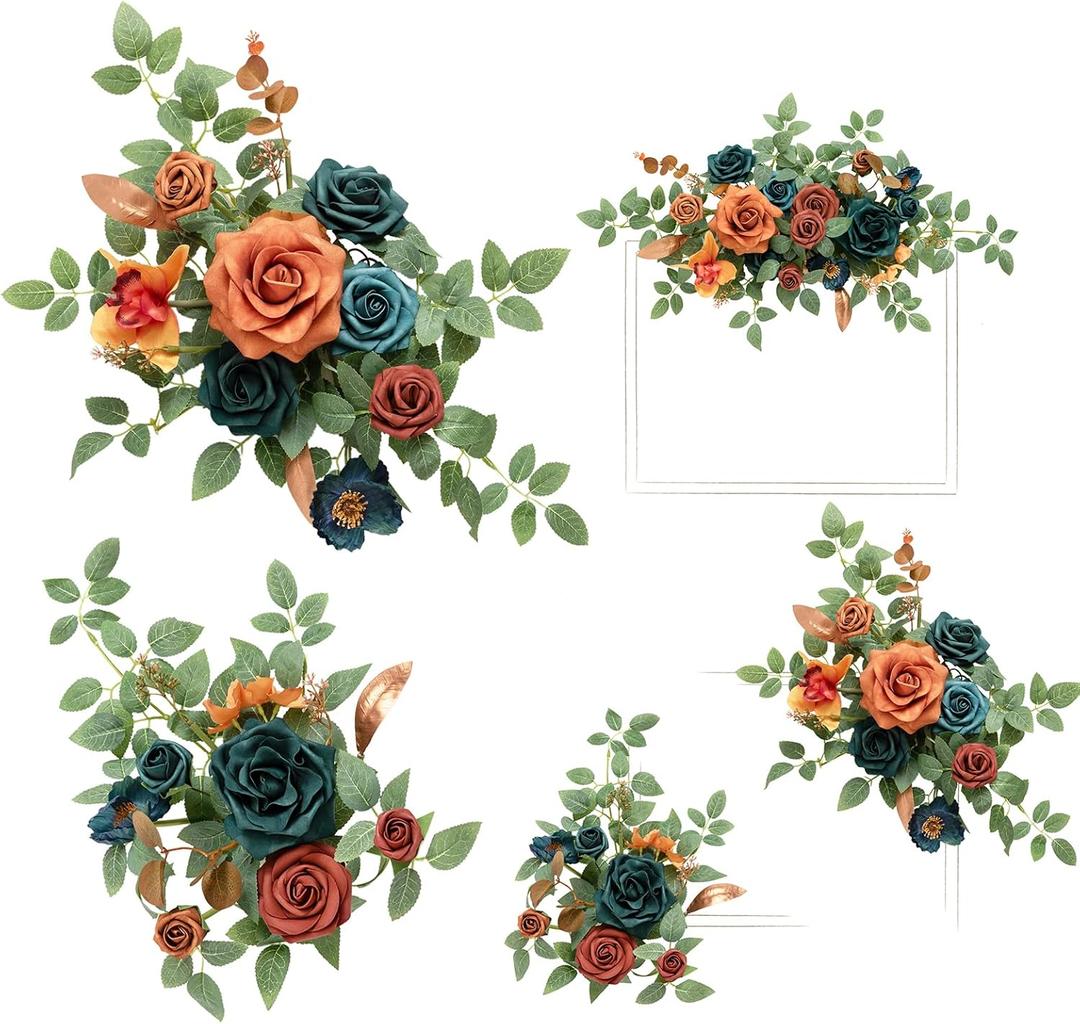 Ling's moment 2pcs Fall Wedding Artificial Floral Swag Welcome Sign Flowers Backdrop Garland Teal & Burnt Orange for Ceremony Reception Door Wall Home Decorations Entryway Outdoor Board Table Decor