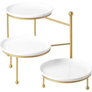 Kanwone 3 Tiered Serving Stand with White Porcelain Plates, 10" Round Tray, Dessert Table Display Set, Gold Metal Stand, Versatile & Durable