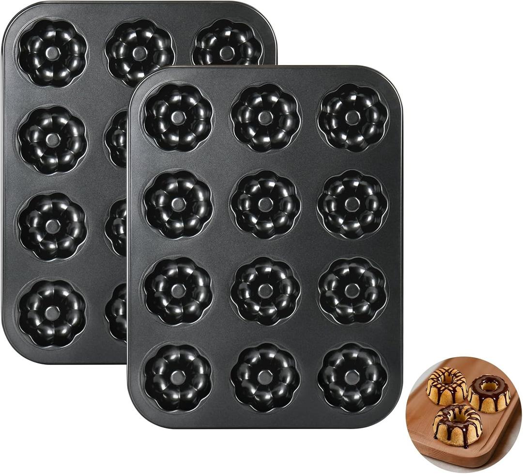 2 Pack Mini Bundt Cake Pans for Baking, 12-Cavity Nonstick Mini Bundtlette Baking Mold, Heavy-Duty Carbon Steel, Oven-Safe to 450 Versatile Fluted Bake Pan for Muffins, Brownies, Cupcakes, Mini Cakes