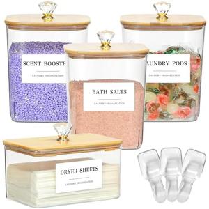 4 Pack Clear Laundry Pods Container & Dryer Sheet Holder Set with Lid, Laundry Containers with Scoops & Labels, Laundry Room Organization and Storage for Laundry Detergent, Pods, Powder, Beads