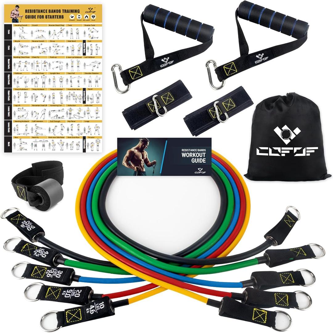 Resistance Bands Set with Yellow Handles, Exercise/Workout/Fitness Bands with Door Anchor, Legs Ankle Straps for Resistance TrainingPhysical TherapyHome Gym Workout (10-150LBS-Colorful)