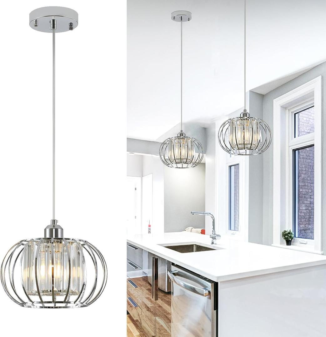 XSDeTu Modern Chrome Pendant Light Fixtures, Mini Crystal Hanging Light Chandelier, Metal Kitchen Island Lighting, Adjustable Pendant Lighting for Kitchen Island, Dining Room, Bedroom, Hallway
