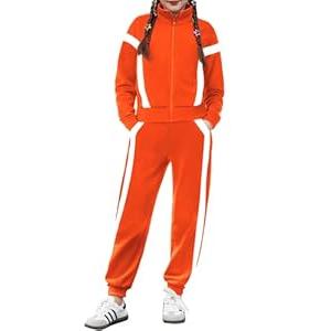 Zaclotre Girl's 2 Piece Outfits Zip Up Sweat Set Contrast Striped Jogging Pants TrackSuit Fall Clothes Orange 8-9 Years