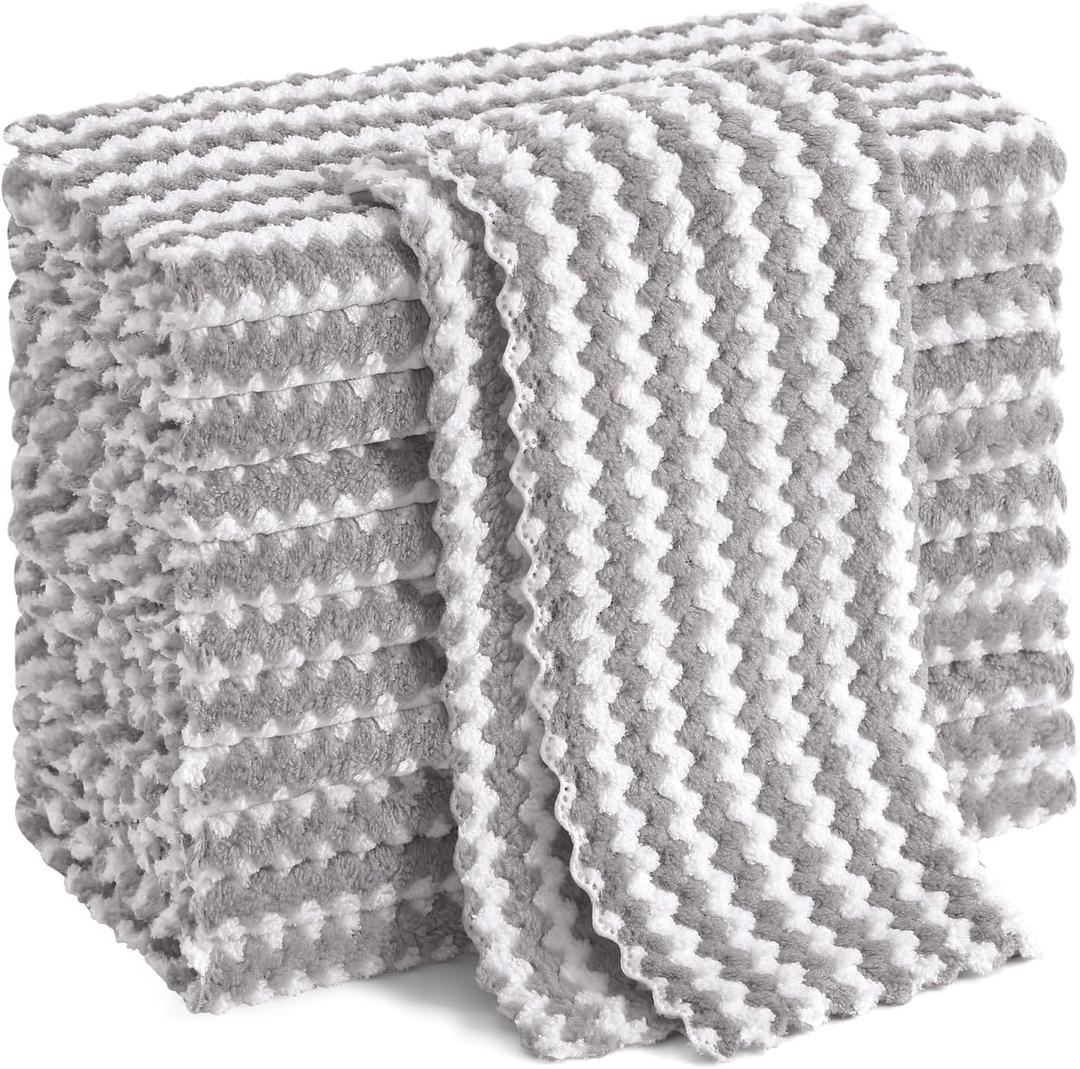 Homaxy 12 Pack Kitchen Dish Cloths, Ultra Soft and Absorbent Dish Towels, Reusable Fast Drying Microfiber Cleaning Cloth, Coral Velvet Wave Design No-lint, 10 x 10 inches, Grey