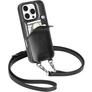 LUCKYCOIN Crossbody Wallet Purse Case for iPhone 16 Pro,Genuine Leather Drop-Protection Phone Case for Women with Expandable Card Holder & Adjustable Strap,Hands-Free for Travel & Daily Use -Black