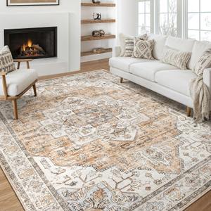 Area Rug 9x12 Washable Vintage - Soft Traditional Rugs for Living Room Large Non Slip Backing with Low Pile Farmhouse Oriental Retro Carpet for Bedroom Dining Room or Home Office - Orange