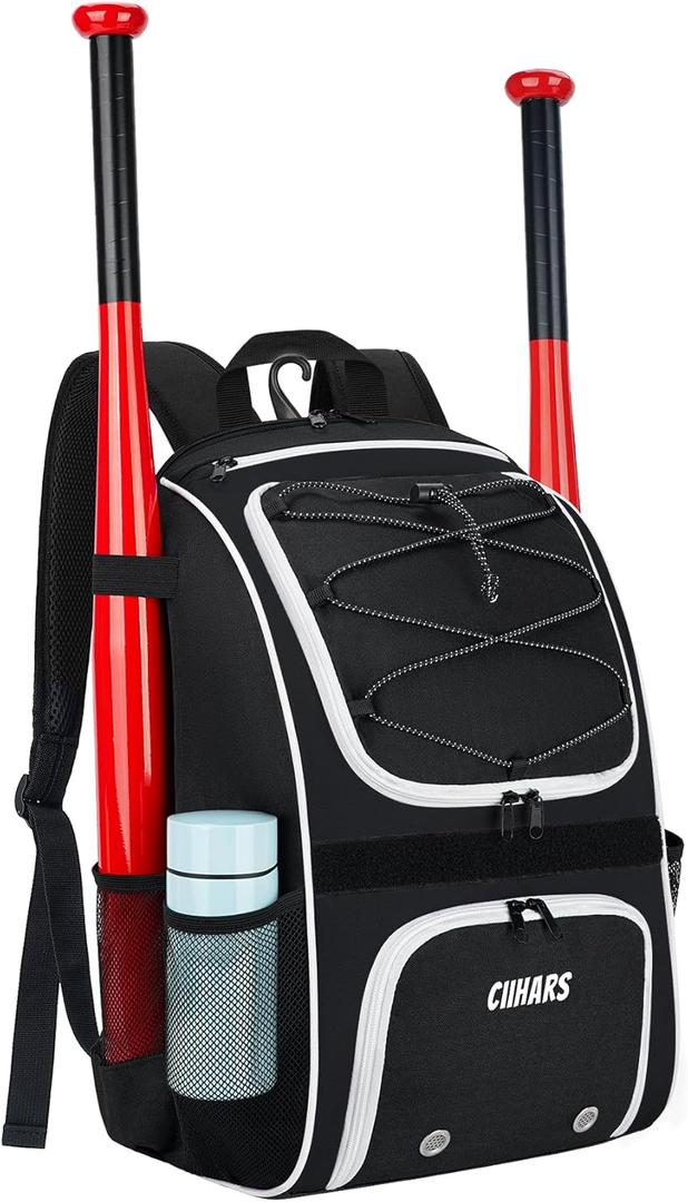 Youth Baseball Bag - Baseball Backpack Bat & Glove Holder, T-Ball & Softball Equipment & Gear,Large Main Compartment for Helmet & accessories, Fence HookInsulation Pocket (black)