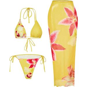 RoseSeek Women's 3 Piece Floral Swimsuit Halter Triangle String Bikini with Bodycon Beach Skirts Cover Up (Large, Yellow and Pink)