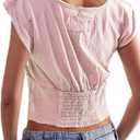 Women Y2k Cap Sleeve Crop Top Deep V Neck Low Cut Shirt Casual Slim Fit Solid Tees Summer Streetwear (Pink, S)