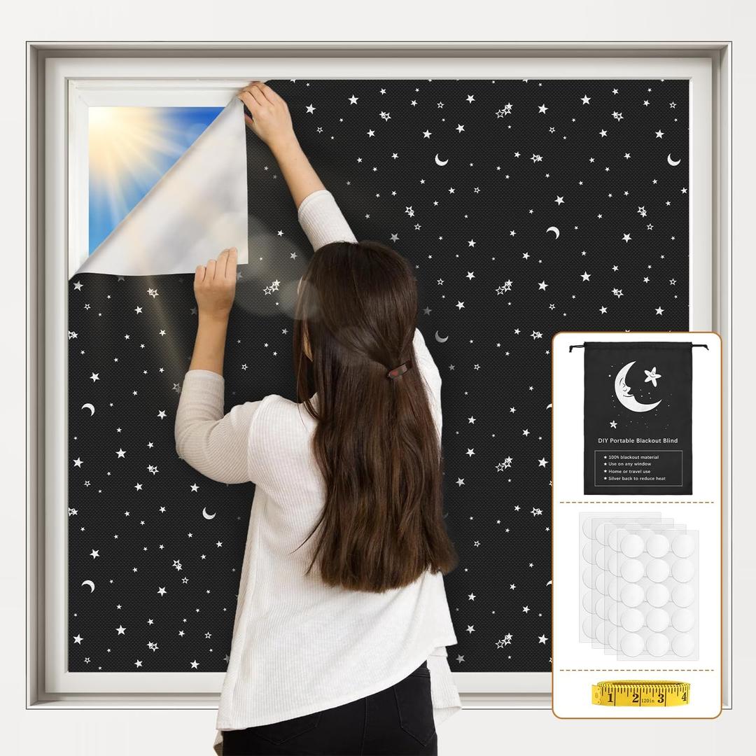 Vanten 100% Blackout Curtains for Bedroom (79" x 57"), Portable Window Cover with Adhesive Tabs, No Drill Blackout Blinds for Nursery, Dorm, Media Room, Office, Black & Star
