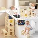 Toddler Kitchen Step Stool, 4 in 1 Foldable Learning Tower with Blackboard and Star Number Clock, Standing Step Stool Toddler Tower for Kitchen Counter Bathroom Sink