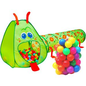 Kiddey Caterpillar Kids Play Tunnel and Tent with 50 Balls 2 Pc. Crawl Through Baby Ball Pit Pop up for Toddler and Babies, Indoor & Outdoor Jungle Gym Party Gift | Crawling Tunnels & Tents