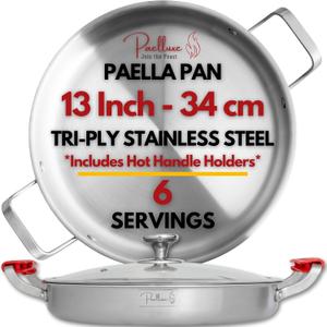 Paelluxe 13 Inch Tri-Ply Stainless Steel Paella Pan with Lid for 6 Servings - Includes Hot Handle Holders - Induction, Oven and Dishwasher Safe Skillet, Indoor Outdoor Cooking Cacerola Paellera Sarten