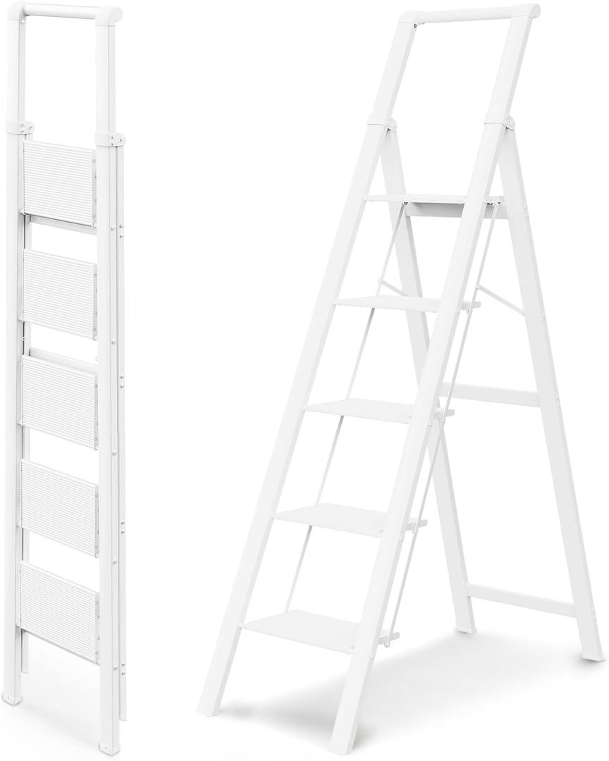 WOA WOA 5 Step Ladder, Ladders for Home, Anti-Slip Pedals, Step Stool Foldable, Lightweight to Move, Ease of Storage, Reach 10ft for Closet Kitchen Library, Hold 300lbs - White