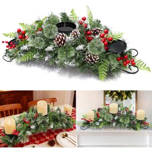 30 Inch Christmas Table Centerpiece with 3 Candle Holders, Christmas Centerpieces for Dining Table, Red Berry Pinecone Snowy Pine Cypress Metal Base Xmas Winter Tabletop Decor, Fire Retardant&Foldable