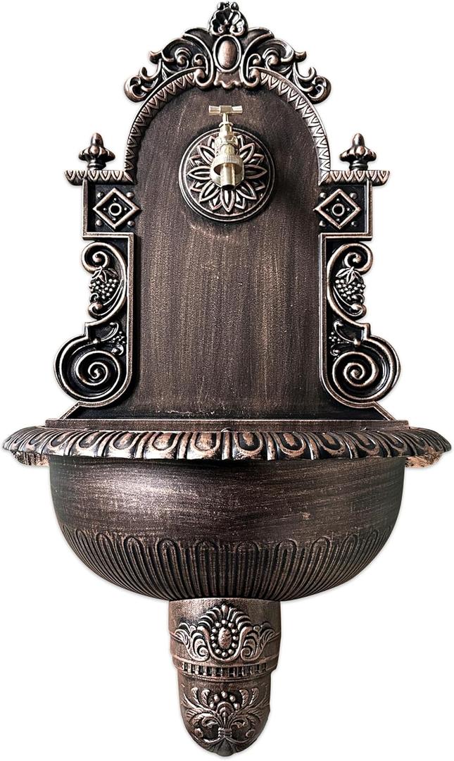Vintage 29 in Cast Aluminum Wall Mount Fountain Sink Outdoor Garden Water Faucet with Basin, Decorative Yard Water Column,Decorative Patio Water Fountain YardHydrant Water Tap, Bronze