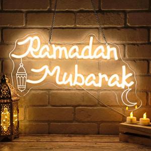 Ramadan Mubarak Neon Sign,Islamic LED Neon Light with Lantern,USB Powered Dimmable Wall Decor for Ramadan Party,Muslim Home Decoration,Eid & Ramadan Holiday Neon Sign