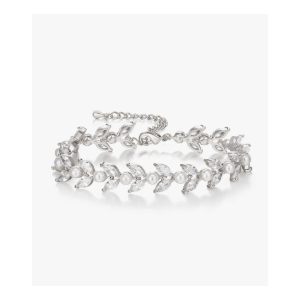 Crysdue Cubic Zirconia Simulated Pearl Bridal Wedding Leaf Filigree Tennis Bracelet for Brides Bridesmaid Birthday Mothers Christmas Valentines Day Jewelry Gifts for Women