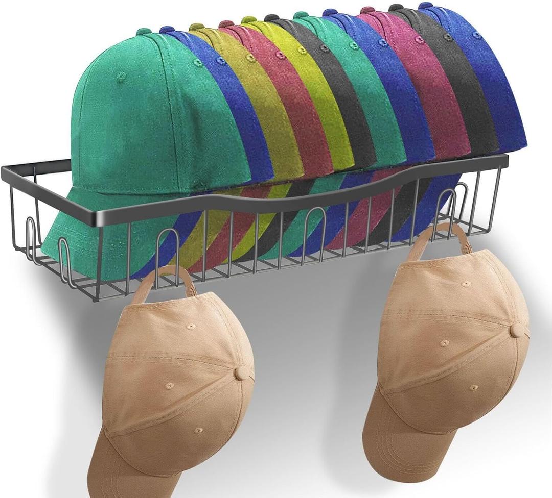 Metal Hat Racks for Wall, Upgraded Non-Slip Design Keeps Each Cap in Place, Baseball Cap Organizer Holds Up to 40 Caps, Wall Mounted Hat Organizer and Storage for Display and Holder, Black