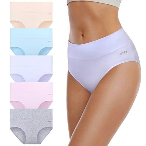 coskefy Women's High Waisted Cotton Underwear Soft Breathable Panties Stretch Briefs 5 Pack Large