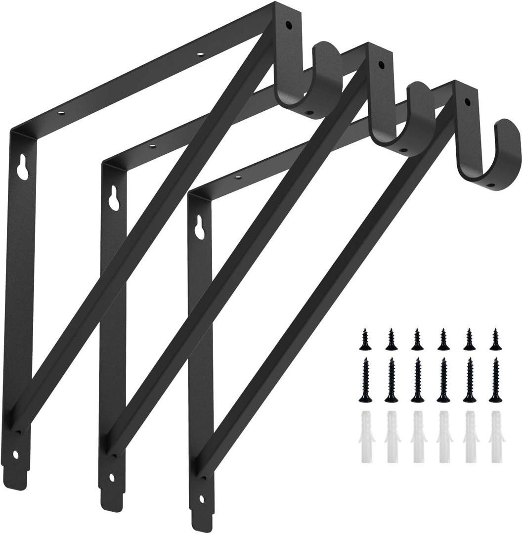 Heavy Duty Closet Rod & Shelf Brackets Clothes Hanger Pole Support Bracket Black 3 Pack, 12.3 x 1 x 1 inches