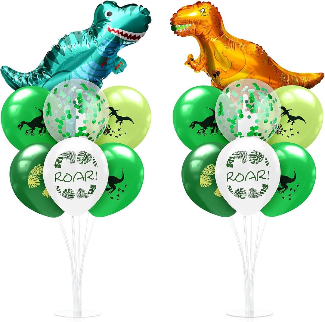 Seematn 2 Set Dinosaur Balloon Stand Kits Dino Green Balloons Sticks Holder with Base, Birthday Party Table Centerpiece Kit for Jungle Themed Decoration Baby Shower Supplies