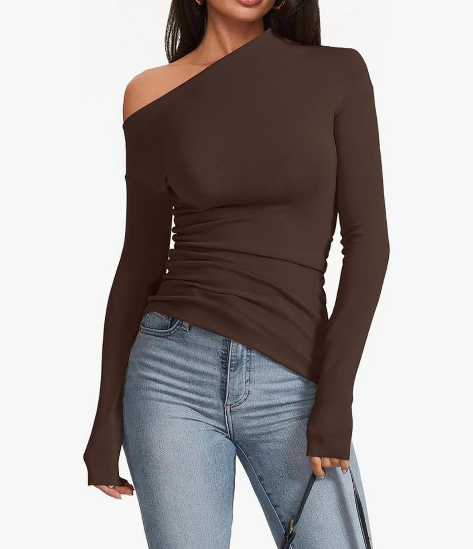 Women's Sexy Off Shoulder Tops Dressy Long Sleeve Asymmetrical Slim Fit Going Out Fall Blouse Ruched Shirts, Large