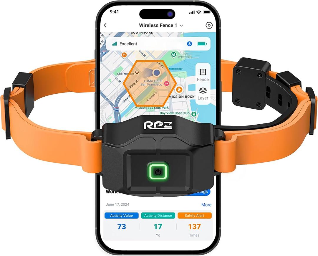 RPZ GPS Wireless Dog Collar Fence with Free App, No Subscription, Orange | Invisible dog fence & training collar with beep, vibration, shock modes, IP67 waterproof rechargeable collar for outdoor use