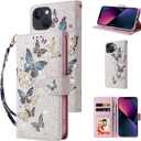 UEEBAI Wallet Case for iPhone 13 6.1 inch, PU Leather Phone Case Kickstand RFID Blocking Flip Case Card Slots Wrist Strap Relief Engraved Pattern Magnetic Closure Flower Folio Case, Blue Butterfly