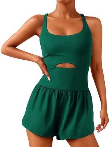 Wenlia Women Workout Romper Onesie with Padded Bras Sleeveless One Piece Outfits Shorts Atheletic Running Jumpsuit Clothes.Large