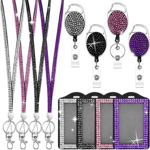 4 Color Upgraded Rhinestone Lanyard for ID Badges, Bling ID Card Holder Crystal Retractable Badge Reel Neck Lanyard with Metal Clasp and Key Ring