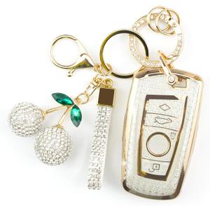 Sparkly Key Fob Cover with Cherry Keychain, Bling TPU Smart Key Case for Women, Compatible with BMW 2 5 6 7 X1 X2 X3 X5 X61 3 4 5 6 7 Series X3 X4 M5 M6 GT3 GT5(4-Button, Gold White)