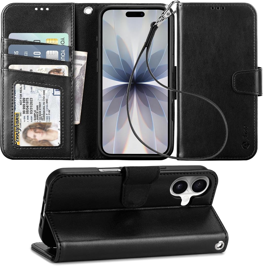 Arae Compatible with iPhone 17 Case Wallet with Card Holder, Wristlet Strap Wallet Flip Cover for iPhone 17 6.1 inch Men/Women, RFID Blocking, Kickstand, Black