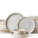 Famiware Star Dinnerware Set with Pasta Bowls, Service for 4 (16pcs), Ribbed Stoneware Plates and Double Bowls Dishes Sets - Chip & Scratch Resistant, Microwave & Dishwasher Safe, Cappuccino White