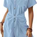 Bsubseach Womens Swimsuit Coverup Short Sleeve Button Down Tie Beach Shirt Dresses Summer Bathing Suit Cover Up Swimwear Blue L