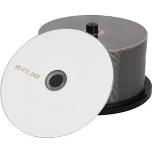 BD-R BDR 25GB Single Layer Blue Blu-ray Recordable Media Disc Upto 6X with 50 Pack White Inkjet Hub Printable Blank Data Recordable Media Disc with Cakebox/Spindle Packing