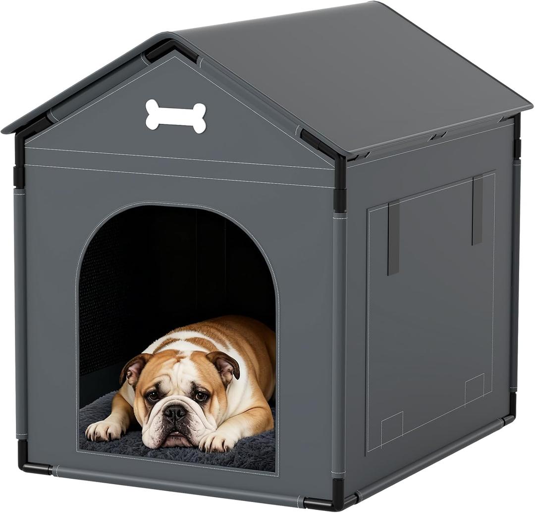 Large Dog House Indoor with Plush Cushion, Dog Kennel for Inside with Sturdy Frame, Waterproof Pet House Suitable for Small Medium Dogs, 27x21x27in, Gray