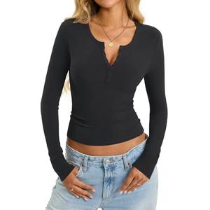 EasyGala Womens Cotton Long Sleeve Shirts V Neck Henley Tops Slim Fit Basic Going Out Tshirts Fall Fashion Outfits 2025 Black, Large