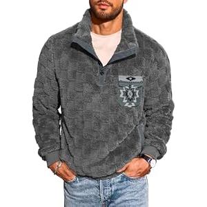 Yousify Mens Fuzzy Sherpa Sweatshirt Plaid Texture Fleece Pullover Coat Casual Quarter Button 2025 Graphic Pocket Outwear, Size XL