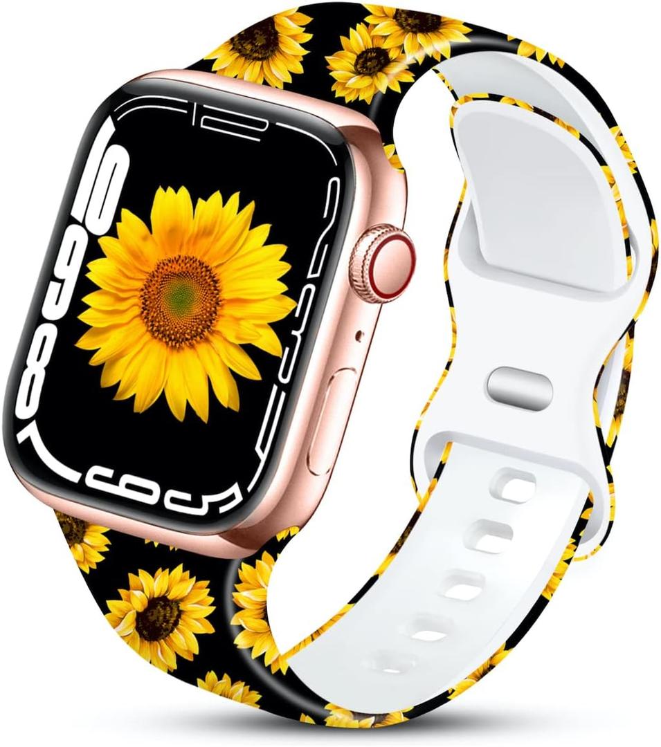Sport Band Compatible with Apple Watch Bands 49mm 45mm 44mm 42mm 41mm 40mm 38mm Women, Silicone Floral Printed Fadeless Pattern Design Strap for iWatch Series 9,8,7,6,5,4,3,2,1,SE