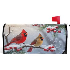 Winter Cardinal Birds Magnetic Mailbox Covers Christmas Snow Berry Mailbox Cover Over Size Full Magnet Garden Yard Porch Mail Boxes Cover Holiday Decorations 25" L x 21" W